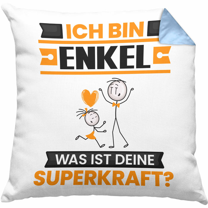 Enkel Kissen mit Füllung 40x40 Geschenk für Enkel Geburtstag Lustiger Spruch Was Ist Deine Superkraft (Grau) Blau Trendation