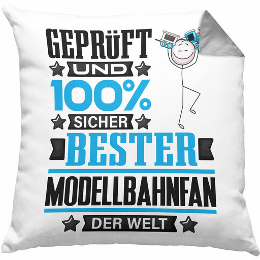 Modellbahnfan Geschenk Lustiger Spruch für Modellbahnfan Geschenkidee Bester Modellbahnfan Der WeltKissen mit Füllung 40x40 (Grau) Grau Trendation