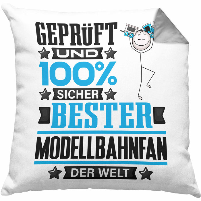 Modellbahnfan Geschenk Lustiger Spruch für Modellbahnfan Geschenkidee Bester Modellbahnfan Der WeltKissen mit Füllung 40x40 (Grau) Grau Trendation