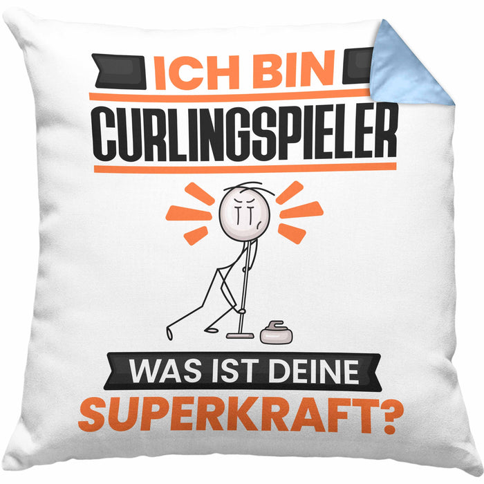 Curlingspieler Kissen mit Füllung 40x40 Geschenk für Curlingspieler Geburtstag Lustiger Spruch Was Ist Deine Superkraft (Grau) Blau Trendation