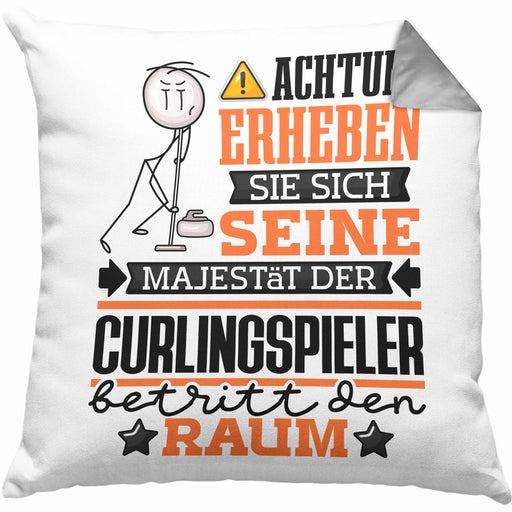 Curlingspieler Geschenk Kissen mit Füllung 40x40 Lustiger Spruch Erheben Sie Sich Der Curlingspieler Betritt den Raum (Grau) Grau Trendation