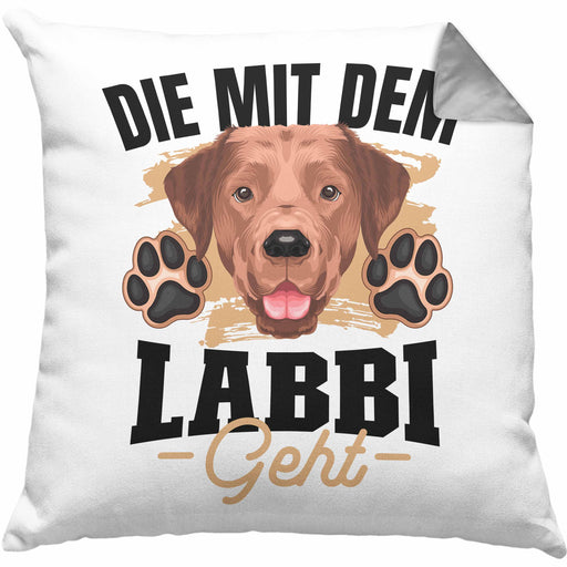 Die Mit Dem Labbi Geht Kissen mit Füllung 40x40 Gassi Gehen Labrador Besitzerin Geschenkidee Frauchen Geschenk (Grau) Grau Trendation