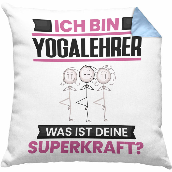 Yogalehrer Kissen mit Füllung 40x40 Geschenk für Yogalehrer Geburtstag Lustiger Spruch Was Ist Deine Superkraft (Grau) Blau Trendation