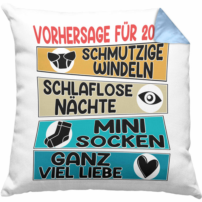 Schwangerschaft Verkünden 2024 Kissen mit Füllung 40x40 Geschenk Mann Vorhersage für 2024 Schmutzige Windeln Schlaflose Nächte (Grau) Blau Trendation