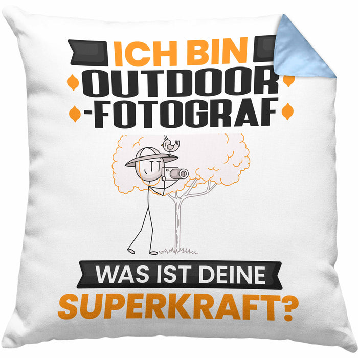 Outdoor-Fotograf Kissen mit Füllung 40x40 Geschenk für Outdoor-Fotograf Geburtstag Lustiger Spruch Was Ist Deine Superkraft (Grau) Blau Trendation