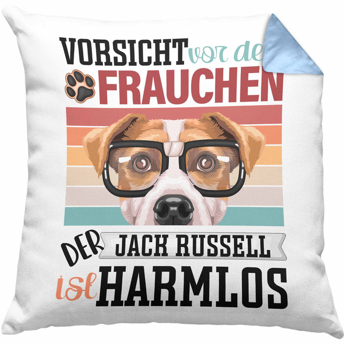 Jack Russell Besitzerin Frauchen Kissen mit Füllung 40x40 Geschenk Lustiger Spruch Geschenkidee Vorsicht Vor Dem Frauchen (Grau) Blau Trendation