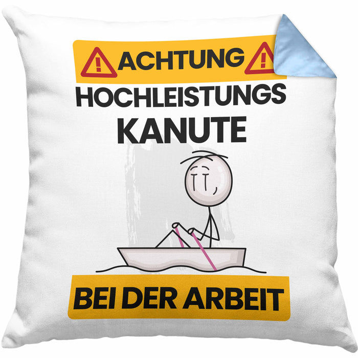 Kanute Kissen mit Füllung 40x40 Geschenk Lustiger Spruch Geschenkidee für Kanute Achtung Hochleistungs Kanute Bei Der Arbeit (Grau) Blau Trendation