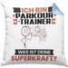 Parkour-Trainer Kissen mit Füllung 40x40 Geschenk für Parkour-Trainer Geburtstag Lustiger Spruch Was Ist Deine Superkraft (Grau) Blau Trendation