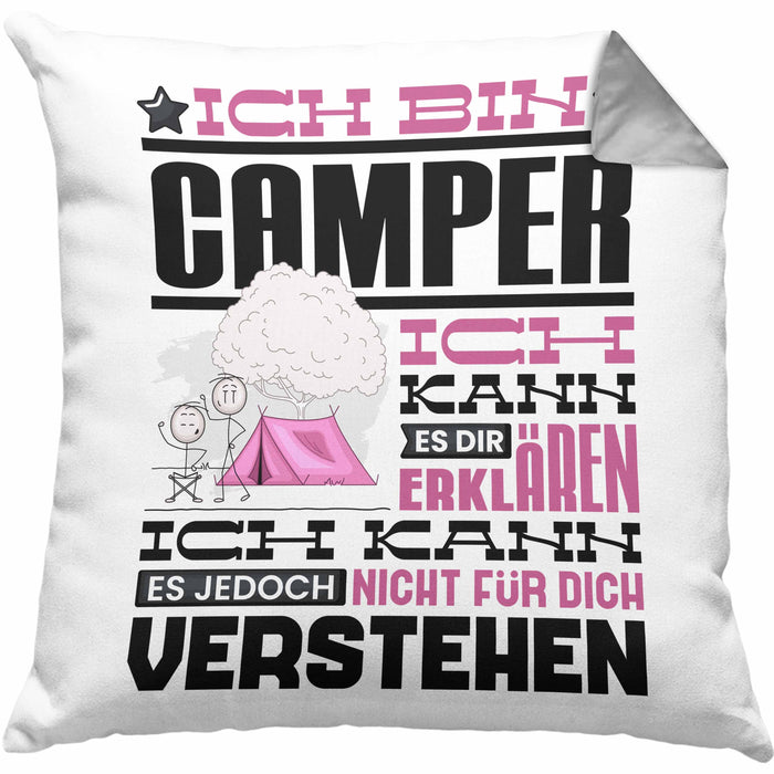 Camper Geschenk Kaffee-Kissen mit Füllung 40x40 Geschenkidee für Camper Ich Bin Camper Ich Kann Es Dir Erklären Jedoch Nicht Für Dich Verstehen Spruch Lustig (Grau) Grau Trendation