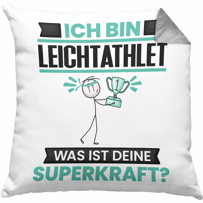 Leichtathlet Kissen mit Füllung 40x40 Geschenk für Leichtathlet Geburtstag Lustiger Spruch Was Ist Deine Superkraft (Grau) Grau Trendation