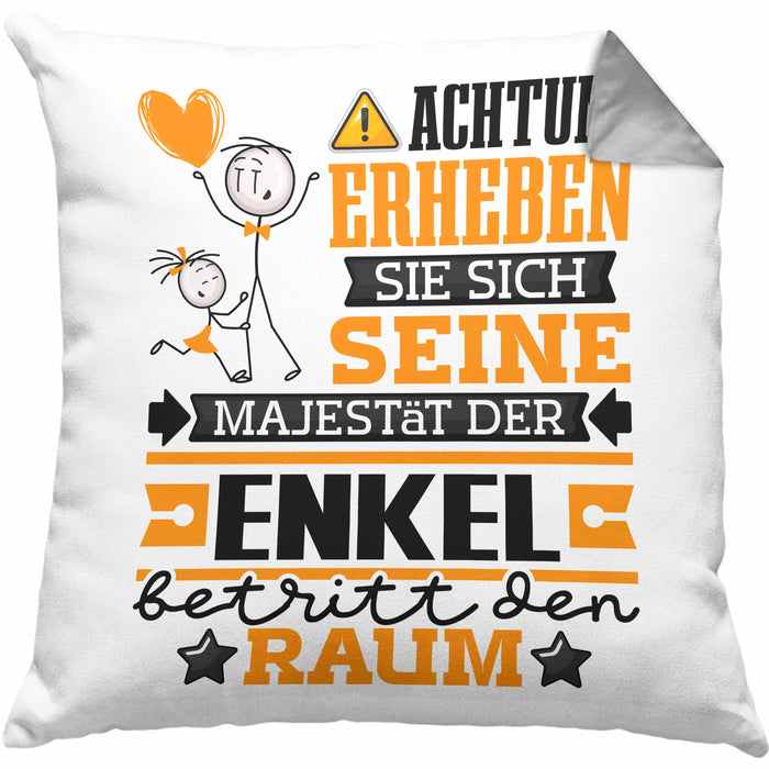 Enkel Geschenk Kissen mit Füllung 40x40 Lustiger Spruch Erheben Sie Sich Der Enkel Betritt den Raum (Grau) Grau Trendation