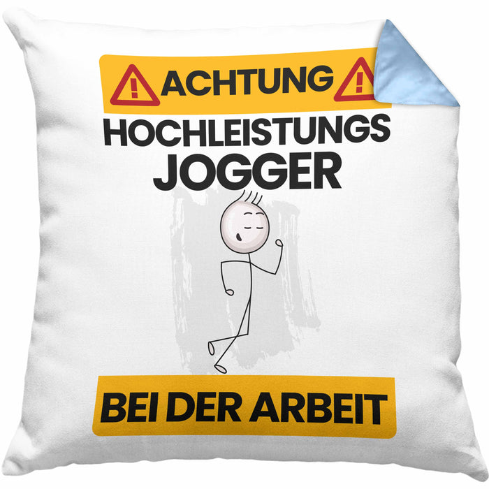 Jogger Kissen mit Füllung 40x40 Geschenk Lustiger Spruch Geschenkidee für Jogger Achtung Hochleistungs Jogger Bei Der Arbeit (Grau) Blau Trendation