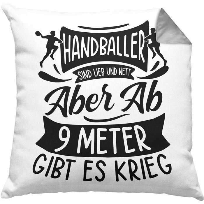 Handball Geschenk Kissen mit Füllung 40x40 Geschenkidee Handball-Spieler Handballspielerin Mädchen Jungs Ab 9 Meter Gibt Es Krieg (Grau) Grau Trendation