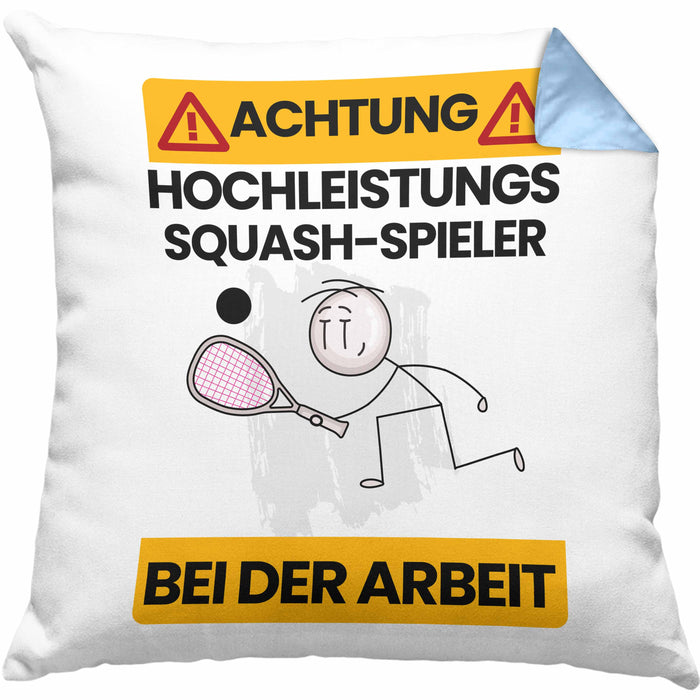 Squash-Spieler Kissen mit Füllung 40x40 Geschenk Lustiger Spruch Geschenkidee für Squash-Spieler Achtung Hochleistungs Squash-Spieler Bei Der Arbeit (Grau) Blau Trendation