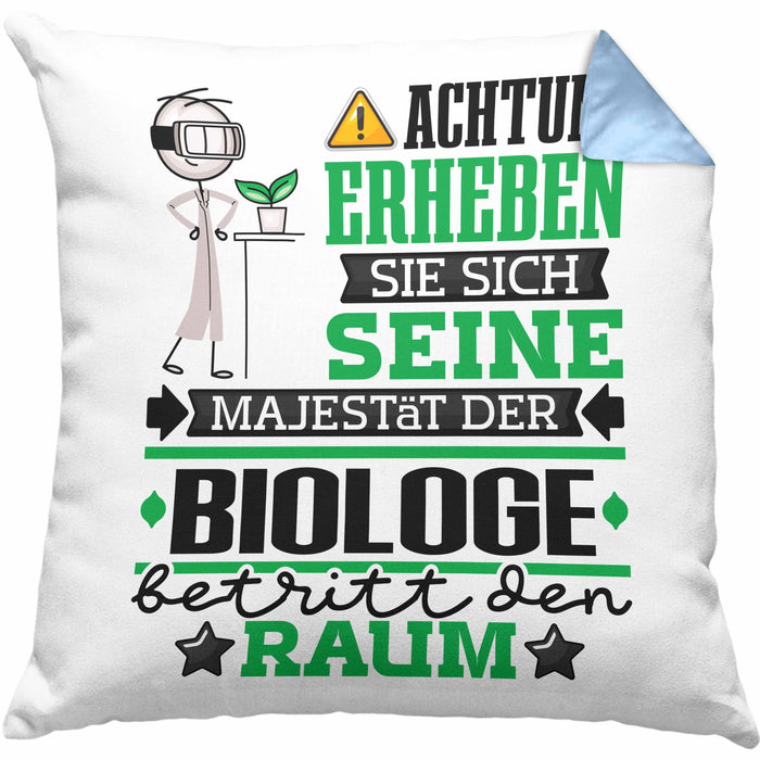 Biologe Geschenk Kissen mit Füllung 40x40 Lustiger Spruch Erheben Sie Sich Der Biologe Betritt den Raum (Grau) Blau Trendation