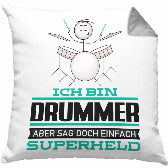 Drummer Geschenk Kissen mit Füllung 40x40 Ich Bin Drummer Aber Sag Doch Einfach Superheld Lustige Geschenkdiee für Drummer (Grau) Grau Trendation