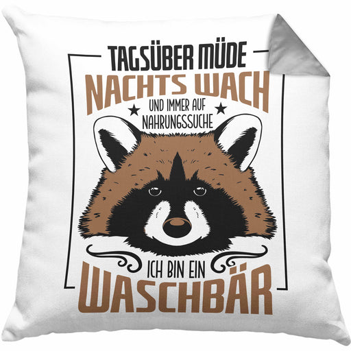 Waschbär Kissen mit Füllung 40x40 Geschenk Tagsüber Müde Nachts Wach Lustiger Spruch Frauen Nachtaktiv (Grau) Grau Trendation