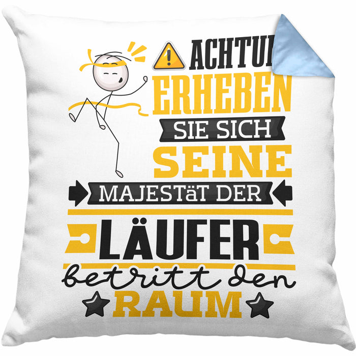 Läufer Geschenk Kissen mit Füllung 40x40 Lustiger Spruch Erheben Sie Sich Der Läufer Betritt den Raum (Grau) Blau Trendation