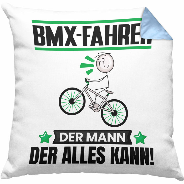 BMX-Fahrer Kissen mit Füllung 40x40 Geschenk für BMX-Fahrer Der Mann Der Alles Kann Geschenkidee zum Geburtstag (Grau) Blau Trendation