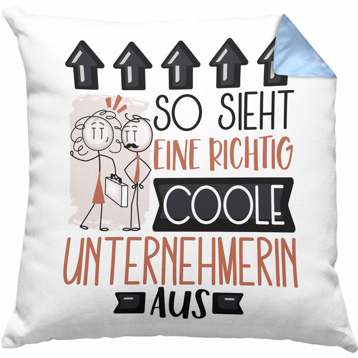 Unternehmerin Geschenk Kissen mit Füllung 40x40 Lustig Geschenkidee für Unternehmerin Geburtstag So Sieht Eine Richtig Coole Unternehmerin Aus Frauen Spruch (Grau) Blau Trendation