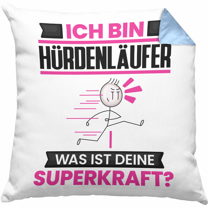 Hürdenläufer Kissen mit Füllung 40x40 Geschenk für Hürdenläufer Geburtstag Lustiger Spruch Was Ist Deine Superkraft (Grau) Blau Trendation