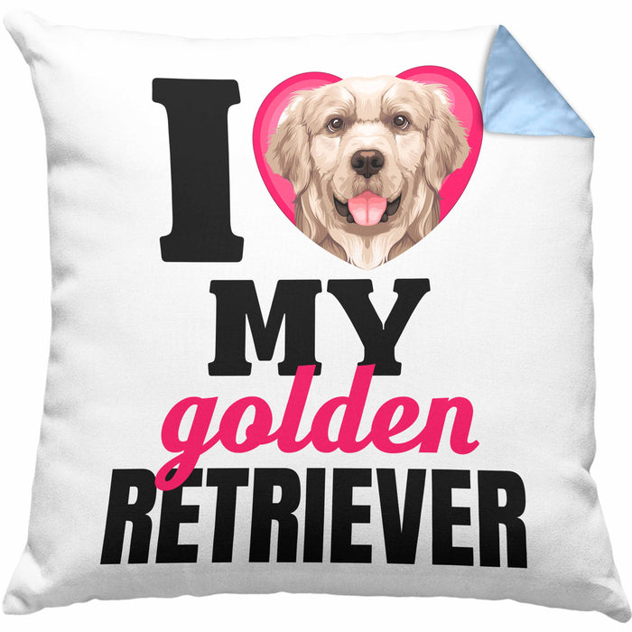 Golden Retriever Besitzerin Kissen mit Füllung 40x40 Geschenk Lustiger Spruch Geschenkidee I Love My Golden Retriever (Grau) Blau Trendation
