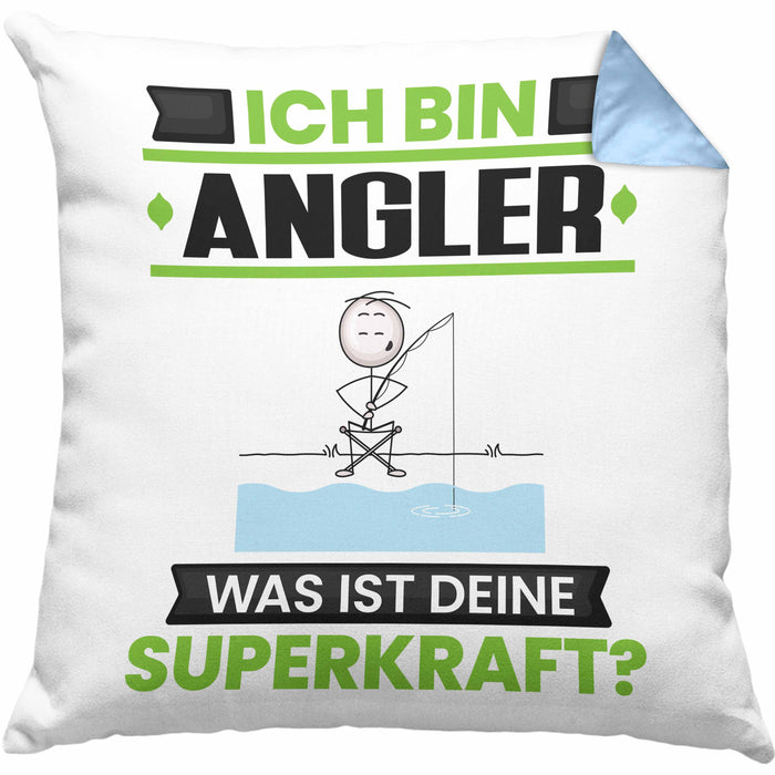 Angler Kissen mit Füllung 40x40 Geschenk für Angler Geburtstag Lustiger Spruch Was Ist Deine Superkraft (Grau) Blau Trendation