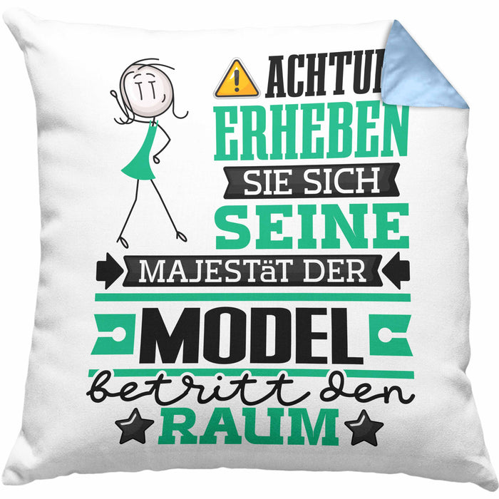 Model Geschenk Kissen mit Füllung 40x40 Lustiger Spruch Erheben Sie Sich Der Model Betritt den Raum (Grau) Blau Trendation