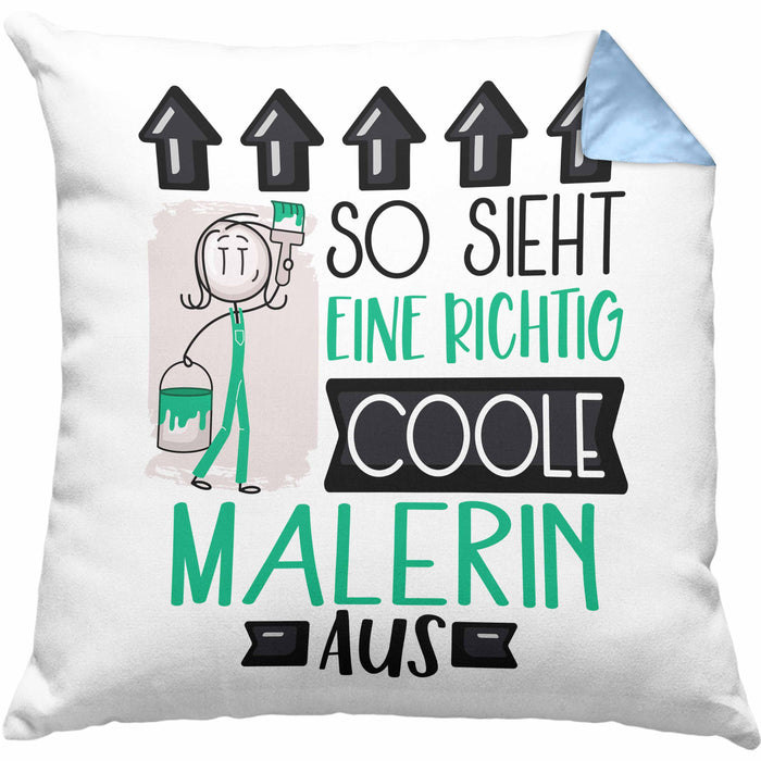 Malerin Geschenk Kissen mit Füllung 40x40 Lustig Geschenkidee für Malerin Geburtstag So Sieht Eine Richtig Coole Malerin Aus Frauen Spruch (Grau) Blau Trendation