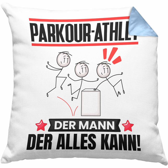 Parkour-Athlet Kissen mit Füllung 40x40 Geschenk für Parkour-Athlet Der Mann Der Alles Kann Geschenkidee zum Geburtstag (Grau) Blau Trendation
