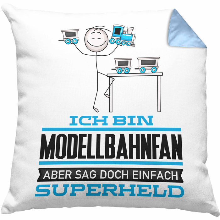 Modellbahnfan Geschenk Kissen mit Füllung 40x40 Ich Bin Modellbahnfan Aber Sag Doch Einfach Superheld Lustige Geschenkdiee für Modellbahnfan (Grau) Blau Trendation