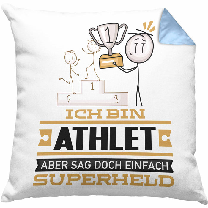Athlet Geschenk Kissen mit Füllung 40x40 Ich Bin Athlet Aber Sag Doch Einfach Superheld Lustige Geschenkdiee für Athlet (Grau) Blau Trendation