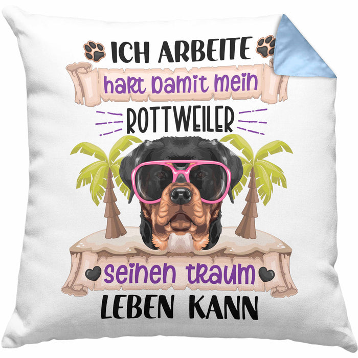 Rottweiler Besitzer Kissen mit Füllung 40x40 Geschenk Lustiger Spruch Geschenkidee Ich Arbeite Hart Damit Mein Rottweiler Seinen Traum Leben Kann (Grau) Blau Trendation