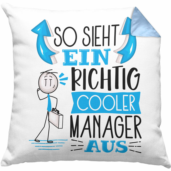 Manager Kissen mit Füllung 40x40 Geschenk So Sieht Ein RIchtig Cooler Manager Aus Geschenkidee Lustiger Spruch Geburtstag (Grau) Blau Trendation