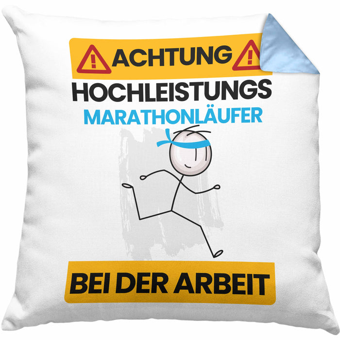 Marathonläufer Kissen mit Füllung 40x40 Geschenk Lustiger Spruch Geschenkidee für Marathonläufer Achtung Hochleistungs Marathonläufer Bei Der Arbeit (Grau) Blau Trendation
