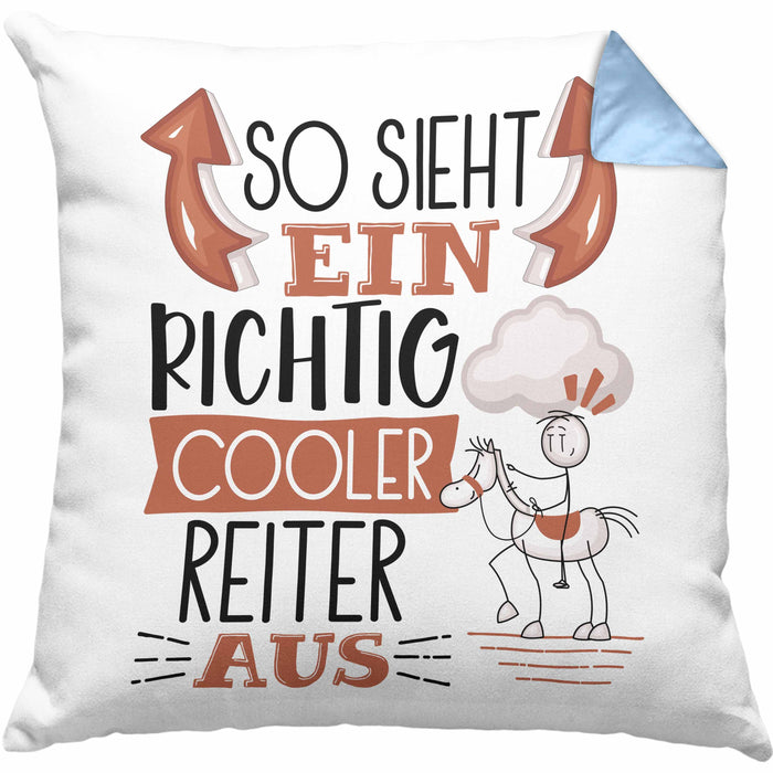 Reiter Kissen mit Füllung 40x40 Geschenk So Sieht Ein Richtig Cooler Reiter Aus Geschenkidee Spruch Lustig (Grau) Blau Trendation