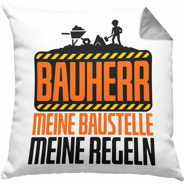 Bauherr Kissen mit Füllung 40x40 "Meine Baustelle, Meine Regeln" Lustiges Geschenk für Bauherren (Grau) Grau Trendation