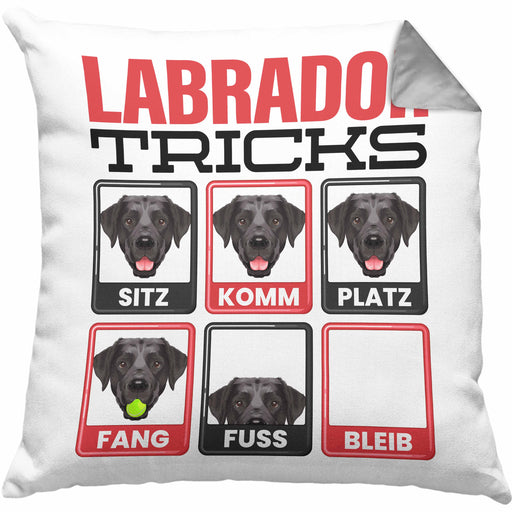 Labrador Besitzer Kissen mit Füllung 40x40 Geschenk Lustiger Spruch Geschenkidee Labrador Tricks Bleib (Grau) Grau Trendation