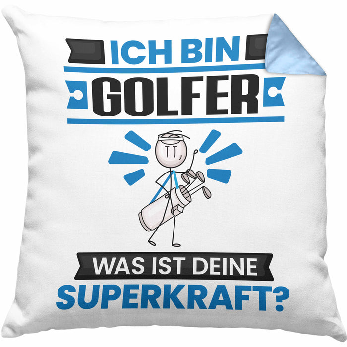 Golfer Kissen mit Füllung 40x40 Geschenk für Golfer Geburtstag Lustiger Spruch Was Ist Deine Superkraft (Grau) Blau Trendation