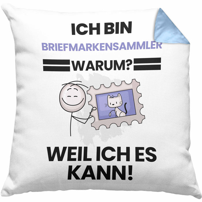 Briefmarkensammler Geschenk Kissen mit Füllung 40x40 Lustiger Spruch Ich Bin Briefmarkensammler Warum Weil Ich Es Kann Geschenkidee Bester Briefmarkensammler Geburtstag (Grau) Blau Trendation