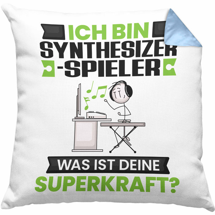 Synthesizer-Spieler Kissen mit Füllung 40x40 Geschenk für Synthesizer-Spieler Geburtstag Lustiger Spruch Was Ist Deine Superkraft (Grau) Blau Trendation