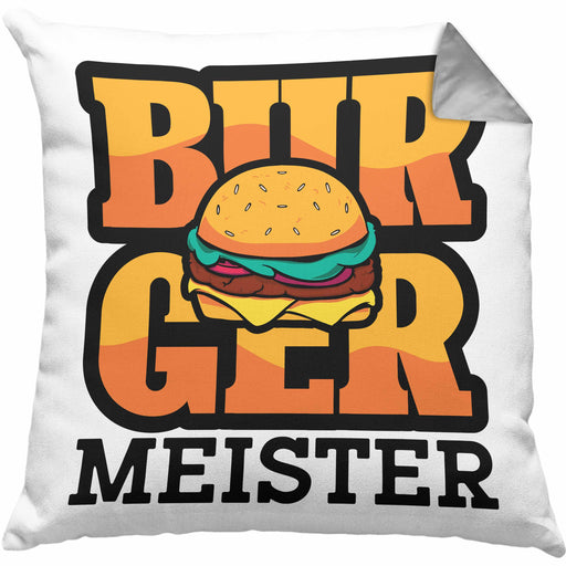 Burger Meister Kissen mit Füllung 40x40 Geschenk Spruch Grillen Sommer Burger Liebhaber Geschenkidee Cheeseburger (Grau) Grau Trendation
