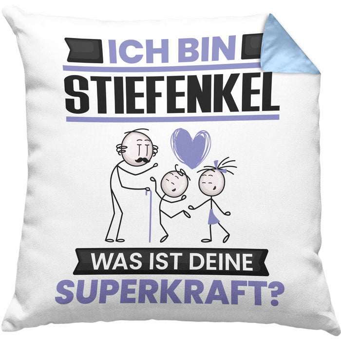 Stiefenkel Kissen mit Füllung 40x40 Geschenk für Stiefenkel Geburtstag Lustiger Spruch Was Ist Deine Superkraft (Grau) Blau Trendation