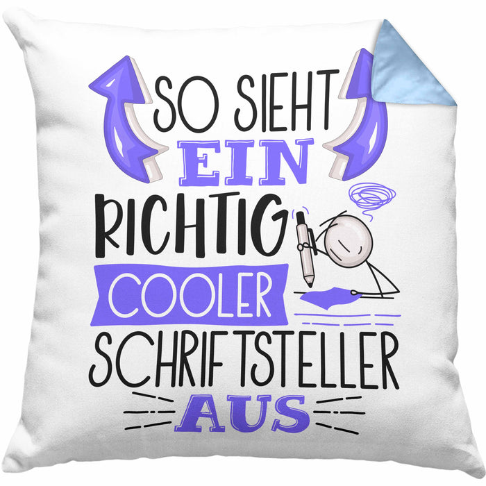 Schriftsteller Autor Kissen mit Füllung 40x40 Geschenk So Sieht Ein RIchtig Cooler Schriftsteller Autor Aus Geschenkidee Lustiger Spruch Geburtstag (Grau) Blau Trendation