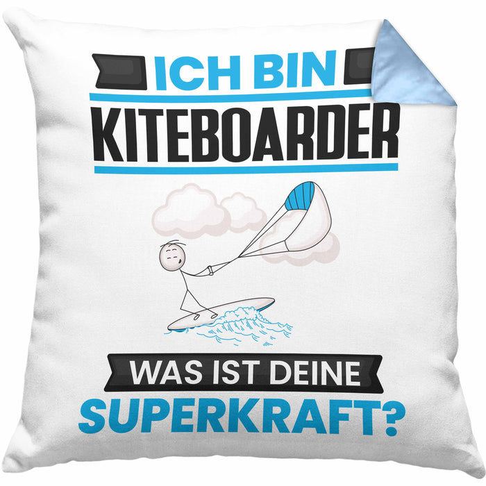 Kiteboarder Kissen mit Füllung 40x40 Geschenk für Kiteboarder Geburtstag Lustiger Spruch Was Ist Deine Superkraft (Grau) Blau Trendation