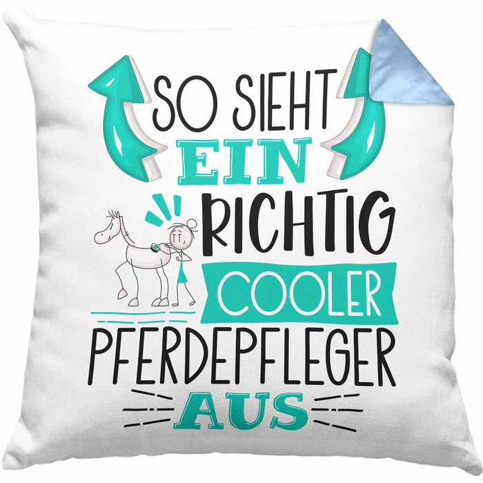 Pferdepfleger Kissen mit Füllung 40x40 So Sieht Ein Richtig Cooler Pferdepfleger Aus Geschenk Lustiger Spruch Geschenkidee (Grau) Blau Trendation