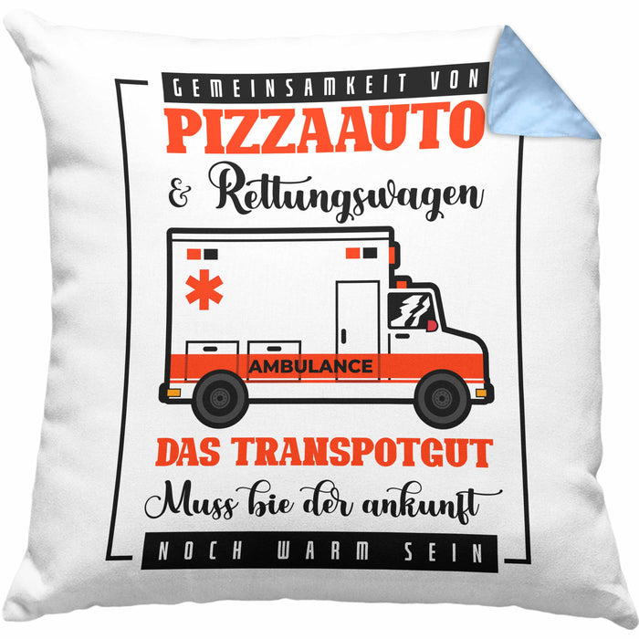 Pizzaauto Rettungswagen Spruch Kissen mit Füllung 40x40 Geschenk Lustiger Gag Spaß (Grau) Blau Trendation