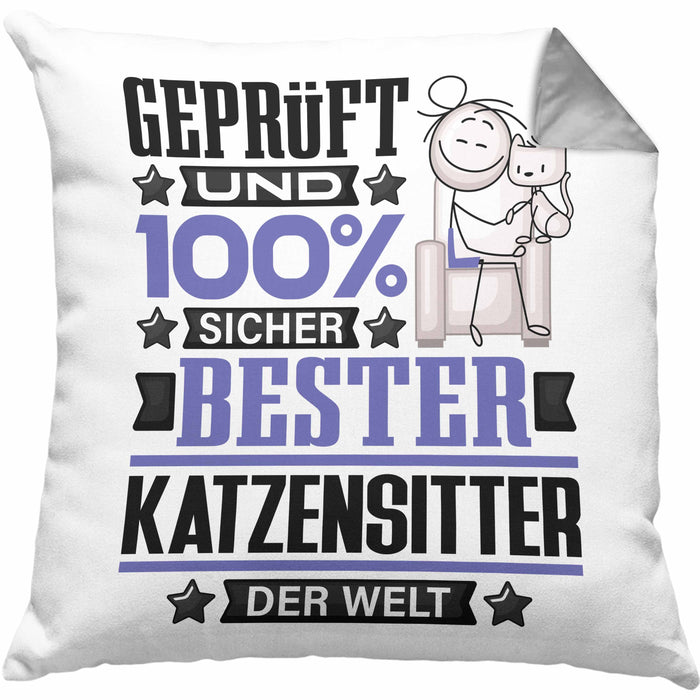 Katzensitter Geschenk Lustiger Spruch für Katzensitter Geschenkidee Bester Katzensitter Der WeltKissen mit Füllung 40x40 (Grau) Grau Trendation
