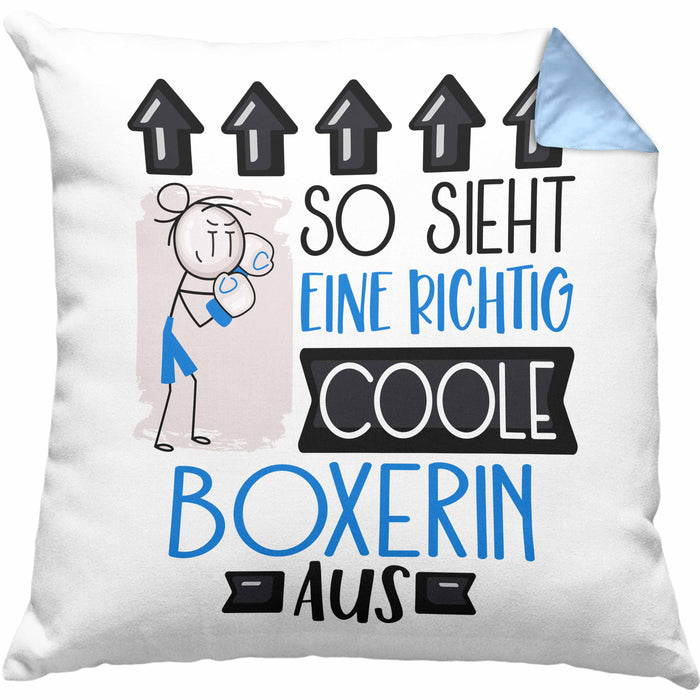 Boxerin Geschenk Kissen mit Füllung 40x40 Lustig Geschenkidee für Boxerin Geburtstag So Sieht Eine Richtig Coole Boxerin Aus Frauen Spruch (Grau) Blau Trendation