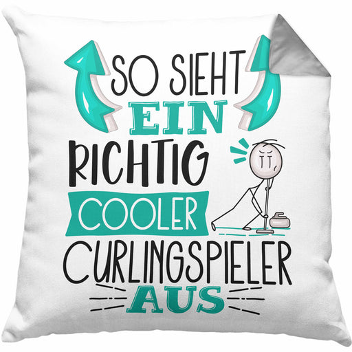 Curlingspieler Kissen mit Füllung 40x40 Geschenk So Sieht Ein RIchtig Cooler Curlingspieler Aus Geschenkidee Lustiger Spruch Geburtstag Curling Spieler (Grau) Grau Trendation